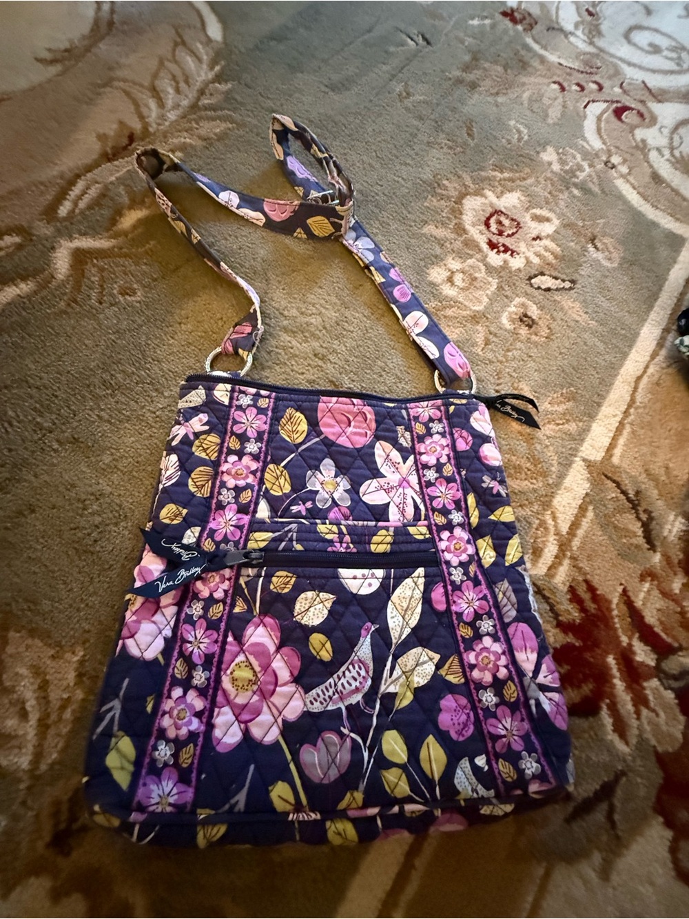 Vera Bradley Navy Floral Quilted Crossbody with Pink and Yellow Accents
